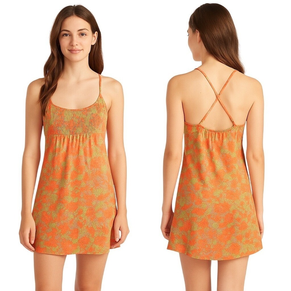Hurley Mini Dress Women XS Orange Green Abstract Floral Pleated Bib Strappy‎